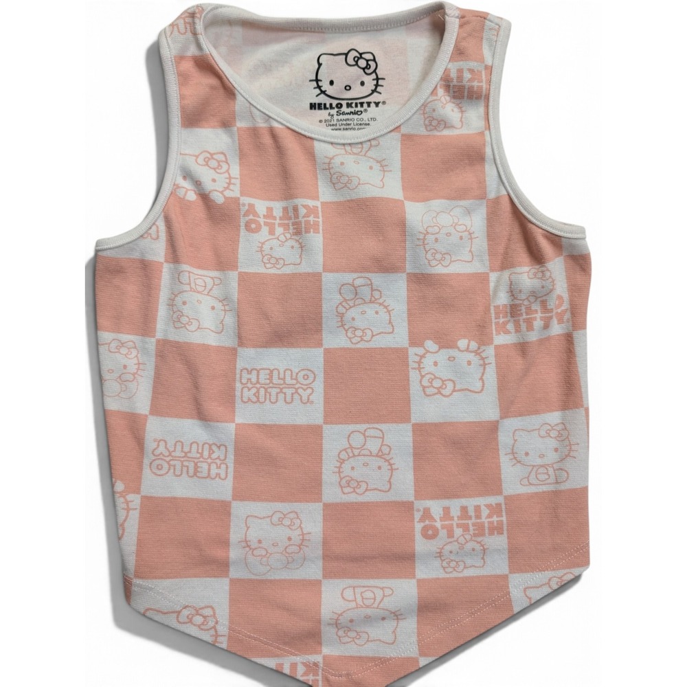 Hello Kitty Womens Tank Top XS Checkered V Hem Graphic Pink